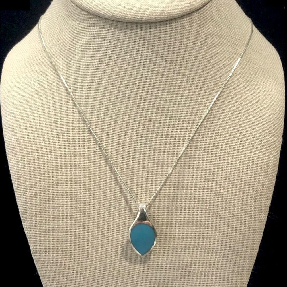 Vintage Sterling Silver and Turquoise Pendant On Sterling Silver Necklace